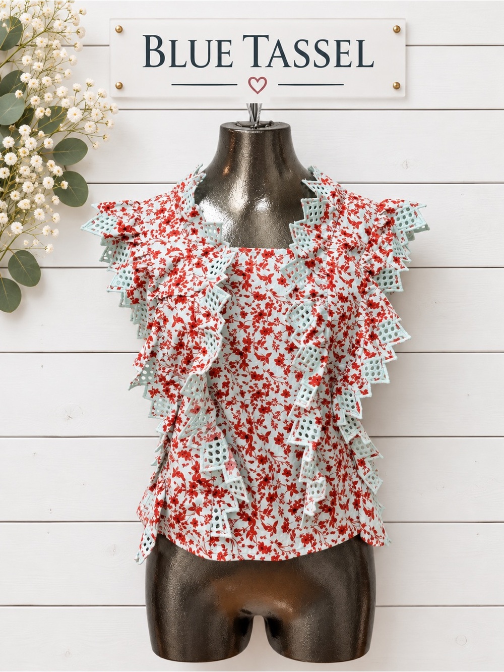 Blue Tassel Anthropologie Floral Ruffle Open-Back Top – Size S